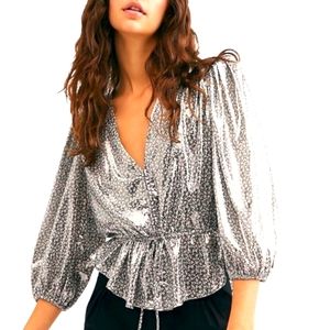 Free People Talk That Talk Silver Floral Top, M